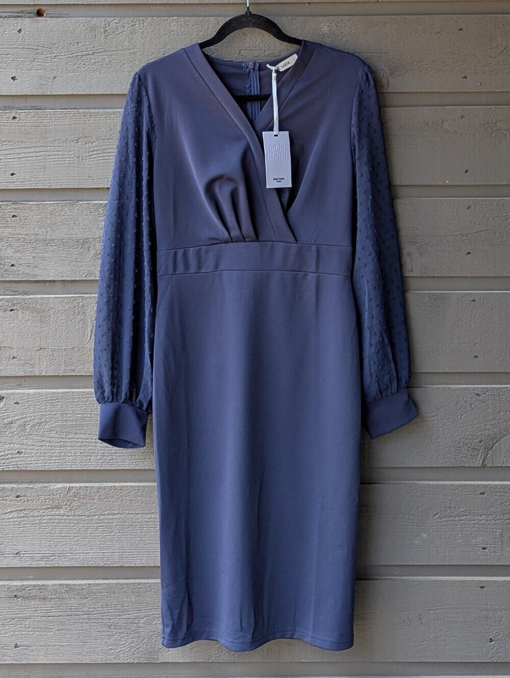 NWT Grace Karin Elegant Navy Blue Sheer Long Sleeve Midi Dress Swiss Dot Small